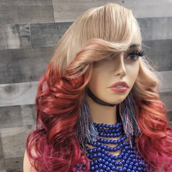 22 inch ashy ashy blonde/ paprika/burgundy colored wig